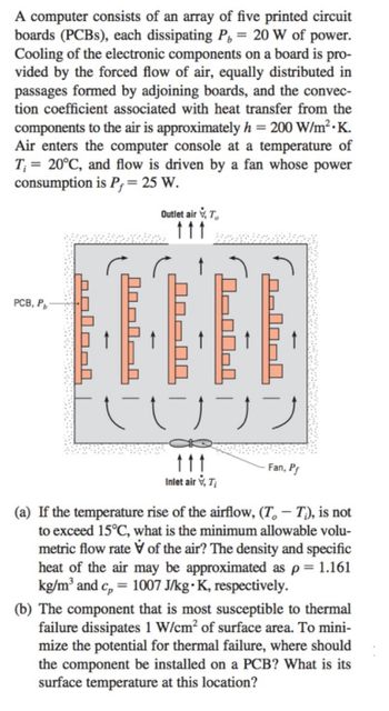 A computer consists of an array of five printed circuit
boards (PCBs), each dissipating P, = 20 W of power.
Cooling of the electronic components on a board is pro-
vided by the forced flow of air, equally distributed in
passages formed by adjoining boards, and the convec-
tion coefficient associated with heat transfer from the
components to the air is approximately h = 200 W/m².K.
Air enters the computer console at a temperature of
T₁= 20°C, and flow is driven by a fan whose power
consumption is P = 25 W.
PCB, Pb
salool
Outlet air, T
J-00-1
090040
UJ JJ
ttt
Inlet air, Ti
Fan, Pf
(a) If the temperature rise of the airflow, (T — Tì), is not
to exceed 15°C, what is the minimum allowable volu-
metric flow rate of the air? The density and specific
heat of the air may be approximated as p = 1.161
kg/m³ and c = 1007 J/kg • K, respectively.
(b) The component that is most susceptible to thermal
failure dissipates 1 W/cm² of surface area. To mini-
mize the potential for thermal failure, where should
the component be installed on a PCB? What is its
surface temperature at this location?