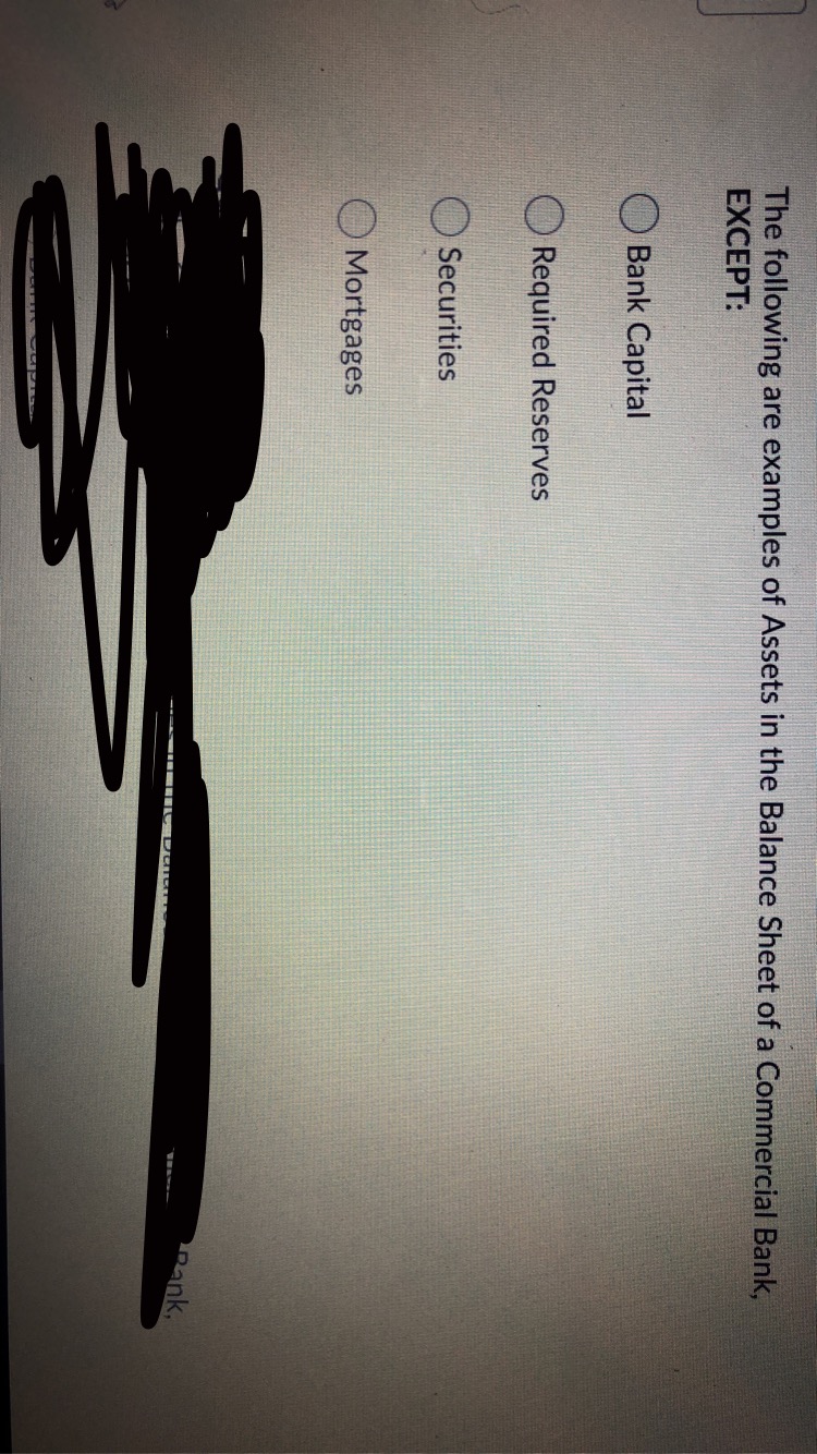 The following are examples of Assets in the Balance Sheet of a Commercial Bank,
EXCEPT:
Bank Capital
Required Reserves
Securities
Mortgages
Rank,
