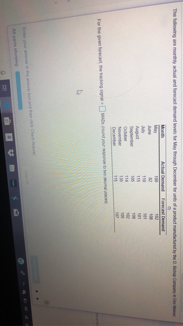 The following are monthly actual and forecast demand levels for May through December for units of a product manufactured by the D. Bishop Company in Des Moines:
Month
Actual Demand
Forecast Demand
May
100
102
June
82
108
July
August
September
110
101
115
101
105
108
October
114
102
November
130
105
December
115
107
For the given forecast, the tracking signal =
MADS (round your response to two decimal places).
%3D
Incorrec
Enter your answer in the answer box and then click Check Answer.
Clear All
All parts showing
hulu
