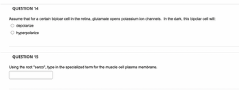 QUESTION 14
Assume that for a certain biploar cell in the retina, glutamate opens potassium ion channels. In the dark, this bipolar cell will:
depolarize
O hyperpolarize
QUESTION 15
Using the root "sarco", type in the specialized term for the muscle cell plasma membrane.