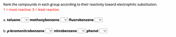 Rank the compounds in each group according to their reactivity toward electrophilic substitution.
1 = most reactive; 3 = least reactive.
a. toluene
methoxybenzene
fluorobenzene
b. p-bromonitrobenzene ✓nitrobenzene ✓phenol