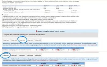 Outdoor Luggage, Incorporated, makes high-end hard-sided luggage for sports equipment. Data concerning three of the company's
most popular models appear below.
Selling price per unit.
Variable cost per unit
Plastic injection molding machine processing time required to
produce one unit
Pounds of plastic pellets per unit
Required 1
Complete this question by entering your answers in the tabs below.
Required 2
Required:
1. If we assume that the total time available on the plastic injection molding machine is the constraint in the production process, how
much contribution margin per minute of the constrained resource is earned by each product?
2. Which product offers the most profitable use of the plastic injection molding machine?
Required 1
3. If we assume that a severe shortage of plastic pellets has required the company to cut back its production so much that its new
constraint has become the total available pounds of plastic pellets, how much contribution margin per pound of the constrained
resource is earned by each product?
4. Which product offers the most profitable use of the plastic pellets?
5. Which product has the largest contribution margin per unit?
Required 3 Required 4
Contribution margin per pound of the constrained resource
Required 2
Required 3
Required 4
Ski Guard
$ 220
$ 140
4 minutes
12 pounds
Required 5
Contribution margin per minute of the constrained resource
If we assume that a severe shortage of plastic pellets has required the company to cut back its production so much that its new constraint has become the total available
pounds of plastic pellets, how much contribution margin per pound of the constrained resource is earned by each product? (Round your final answers to 2 decimal places.)
Answer is complete but not entirely correct.
Required 5
Golf Guard
$ 330
$ 260
Ski Guard
$ 0.00 per pound
$
12 minutes
15 pounds
Ski Guard
0.00 per minute
Fishing Guard
$ 200
$ 115
Golf Guard
$ 0.00 per pound
9 minutes
13 pounds
If we assume that the total time available on the plastic injection molding machine is the constraint in the production process, how much contribution margin per minute of
the constrained resource is earned by each product? (Round your final answers to 2 decimal places.)
Golf Guard
$ 0.00 per minute
Fishing Guard
$ 0.00 per pound
$
Fishing Guard
0.00 per minute