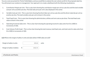 You are a cost accountant for Prairie Fields Bakery, and you would like to analyze the cost-volume-profit for the proposed cake line.
You will present your analysis to management. Your approach is to create a dashboard with the following visualizations:
1.
2.
3.
4.
5.
Contribution Margin per Unit - This is a pie chart showing the contribution margin per unit as a pie slice and the total variable
cost per unit as another pie slice. The total sales price per unit is also displayed in the center.
Variable Costs per Unit - This is a pie chart showing the direct labor per unit as a pie slice and the direct materials per unit as
another pie slice. The total variable costs per unit is shown in the center.
Total Fixed Costs - This is a pie chart showing the administrative, utilities and rent costs as pie slices. The total fixed costs
value is shown in the center.
Operating Income by Sales Unit - This is a bar chart showing the operating income for sales units from 0 to 1000 (in
increments of 100).
Cost-Volume-Profit Graph - This is a line chart showing the total revenue, total fixed costs, and total costs for sales units from
0 to 1000 (in increments of 100).
(a2) What is the margin of safety in units and sales dollars if 800 cakes are sold?
Margin of safety in units
Margin of safety in dollars $
eTextbook and Media
395.05
5925.74
units
Assistance Used