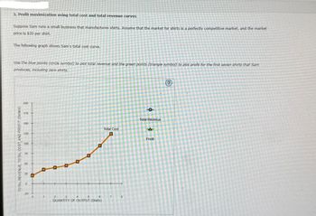 3. Profit maximization using total cost and total revenue curves
Suppose Sam runs a small business that manufactures shirts. Assume that the market for shirts is a perfectly competitive market, and the market
price is $20 per shirt.
The following graph shows Sam's total cost curve.
Use the blue points (circle symbol) to plot total revenue and the green points (triangle symbol) to plot profit for the first seven shirts that Sam
produces, including zero shirts.
TOTAL REVENUE, TOTAL COST, AND PROFIT (Dollars)
200
175
150
125
100
75
50
25
a
-25
0
3
6
QUANTITY OF OUTPUT (Shirts)
2
4
5
Total Cost
7
8
O
Total Revenue
Profit
(?)