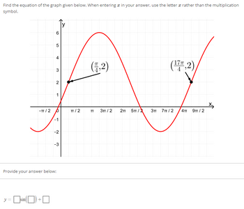 Find the equation of the graph given below. When entering in your answer, use the letter a rather than the multiplication
symbol.
y =
(1,2)
(17,2)
AZ
TT/2
TT 3TT/2 2TT 5TT/2 3πT 7π/2 4π 9π/2
-TT/2
sin
¹(0) +0
Provide your answer below:
3
2
-1
-2
-3