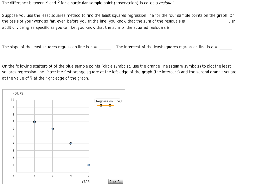 The difference between Y and Ỹ for a particular sample point (observation) is called a residual.
Suppose you use the least squares method to find the least squares regression line for the four sample points on the graph. On
the basis of your work so far, even before you fit the line, you know that the sum of the residuals is
. In
addition, being as specific as you can be, you know that the sum of the squared residuals is
The slope of the least squares regression line is b =
. The intercept of the least squares regression line is a =
On the following scatterplot of the blue sample points (circle symbols), use the orange line (square symbols) to plot the least
squares regression line. Place the first orange square at the left edge of the graph (the intercept) and the second orange square
at the value of Ý at the right edge of the graph.
HOURS
10
Regression Line
3
1
3
4.
YEAR
Clear All
