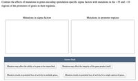 Contrast the effects of mutations in genes encoding sporulation-specific sigma factors with mutations in the –35 and –10
regions of the promoters of genes in their regulons.
Mutations in sigma factors
Mutations in promoter regions
Answer Bank
Mutation may affect the ability of a gene to be transcribed.
Mutation may affect the integrity of the gene product itself.
Mutation results in potential loss of activity in multiple genes.
Mutation results in potential loss of activity for a single operon of genes.
