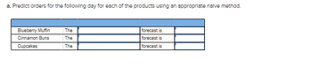 a. Predict orders for the following day for each of the products using an appropriate nalve method.
Blueberry Muffin
Cinnamon Buns
Cupcakes
The
The
The
forecast is
forecast is
forecast is