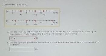 Consider the figure below.
(b) o
0.
-20
-20
+10+
+34
10
10
cm
2+1
+9
x (cm)
x (cm)
a. Find the total Coulomb force on a charge of 4.9 C located at x3,7 cm in part (b) of the figure,
given that q-1.9 µC (indicate the direction with the sign of your answer.)
0.904
b. Find the x-position (between x-0 cm and x 14 cm) at which the electric field is zero in part (b) of
the figure.