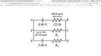 O Analyzing the RC Circuit - Zor
A Student Response | Pivot Intera x
O Homework 3
C You Are Working On An Electro x
b My Questions | bartleby
A vcccd.instructure.com/courses/34120/assignments/1043500
48.0 mA
8.00 V
122 Q
F
47.0 mA
5.00 V
R2
