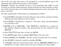 One of the core assets that need to be managed by a novel healthcare app is the
treatments that medical doctors give to their patients.
Scenario: Patients visit multiple doctors to seek treatments that might be paid
(covered) by relevant health insurance policies provided by heath insurance compa-
nies. Each treatment has to be tracked including information about the patient, the
doctor, and date.
The data requirements of this project are summarized as follows:
• Each PATIENT is identified by his/her full name, date of birth, and place of birth.
Address and email address are also recorded.
• Each DOCTOR is identified by a unique id. The name, email, and specialization
are recorded as well.
• DOCTORS work at PRACTICES. Each PRACTICE is identified by a unique id.
The address, telephone number, and opening hours are also tracked for each
PRACTICE.
• Each PRACTICE must have at least one DOCTOR.
• One DOCTOR might work at multiple PRACTICES at the same time.
• When DOCTORS treat PATIENTS, the date of each treatment has to be tracked.
• One PATIENT is typically treated by multiple DOCTORS.
• A PATIENT could have an insurance policy with an INSURANCE_COMPANY that is
identified by its name. Main contact and type of instance are also tracked.
