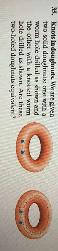 35. Knots in doughnuts. We are given
two solid doughnuts: one with a
worm hole drilled as shown and
the other with a knotted worm
hole drilled as shown. Are these
two-holed doughnuts equivalent?
