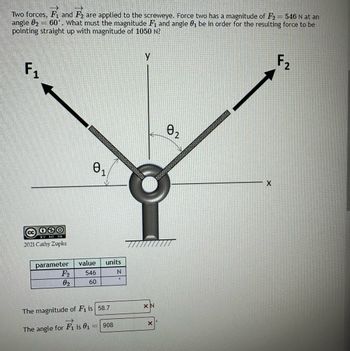 -
546 N at an
Two forces, F and F₂ are applied to the screweye. Force two has a magnitude of F2
angle 8₂ = 60°. What must the magnitude F₁ and angle 0₁ be in order for the resulting force to be
pointing straight up with magnitude of 1050 N?
F₁
BY NO SA
2021 Cathy Zupke
parameter
F2
02
FREDDO
The angle for
0₁
value units
546
N
60
The magnitude of F₁ is 58.7
Fi is 01
908
y
XN
X
02
X