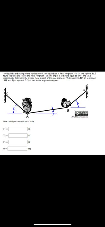 and
Two squirrels are sitting on the rope as shown. The squirrel at A has a weight of 1.45 lb. The squirrel at B
found less food this season and has a weight of 1 lb. The angles
are equal to 49.5° and 59.4°
respectively. Determine the tension force in each of the rope segments (T₁ in segment AC, T₂ in segment
AB, and Ts in segment BD) as well as the angle ax in degrees.
A
Note the figure may not be to scale.
T₁=
T₂=
T₁=
e
a=
lb
lb
lb
deg
B
@030
2013 Michael Swanbom