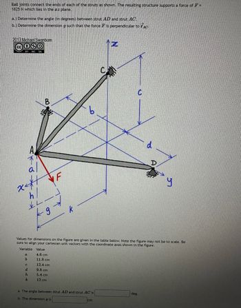 Ball joints connect the ends of each of the struts as shown. The resulting structure supports a force of F =
1825 N which lies in the zz plane.
a.) Determine the angle (in degrees) between strut AD and strut AC.
b.) Determine the dimension g such that the force is perpendicular to ro
2013 Michael Swanbom
030
DY NO SA
a
x<*+
h
B
с
d
h
k
L.
9
F
9.8 cm
5.4 cm
12 cm
k
b
a. The angle between strut AD and strut AC is
b. The dimension g is
C
Values for dimensions on the figure are given in the table below. Note the figure may not be to scale. Be
sure to align your cartesian unit vectors with the coordinate axes shown in the figure.
Variable
Value
a
4.6 cm
b
11.8 cm
12.4 cm
cm.
d
deg.
D
y