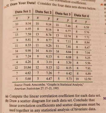 tion coefficient.
37. Draw Your Data! Consider the four data sets shown below.
44
ir
Data Set 1
Data Set 2 Data Set 3
S
Data Set 4
ti
x
y
X
y
X
y
X
y
10
8.04
10
9.14
10
7.46
8
6.58
8
6.95
8
8.14
8
6.77
8
5.76
13 7.58
13
8.74
13
12.74
8
7.71
9
8.81
9
8.77
9
7.11
8
8.84
11
8.33
11
9.26
11
7.81
8
8.47
14
9.96
14
8.10
14
8.84
8
7.04
6
7.24
6
6.13
6
6.08
8
5.25
4
4.26
4
3.10
4
5.39
8
5.56
12
10.84
12
9.13
12
8.15
8
7.91
7
4.82
7
7.26
7
6.42
8
6.89
5
5.68
5 4.47 5
5.73 19
12.50
Source: Frank Anscombe. "Graphs in Statistical Analysis,"
American Statistician 27: 17-21, 1993.
(a) Compute the linear correlation coefficient for each data set.
(b) Draw a scatter diagram for each data set. Conclude that
linear correlation coefficients and scatter diagrams must be
used together in any statistical analysis of bivariate data.
N