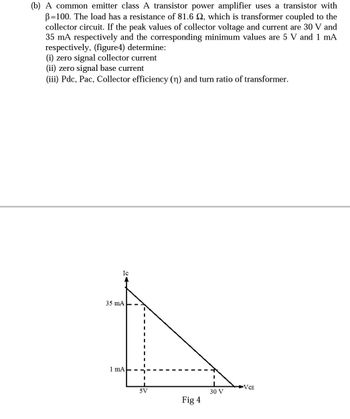 (b) A common emitter class A transistor power amplifier uses a transistor with
B=100. The load has a resistance of 81.6 92, which is transformer coupled to the
collector circuit. If the peak values of collector voltage and current are 30 V and
35 mA respectively and the corresponding minimum values are 5 V and 1 mA
respectively, (figure4) determine:
(i) zero signal collector current
(ii) zero signal base current
(iii) Pdc, Pac, Collector efficiency (n) and turn ratio of transformer.
Ic
35 mA
1 mA
I
I
I
។
I
1
5V
Fig 4
I
30 V
VCE
