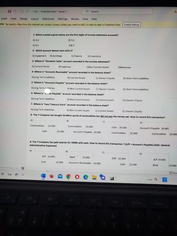 Text Predictions: On FO
TUR
References Mailings Review View
Help
Insert Draw Design Layout
IEW Be careful-files from the Internet can contain viruses. Unless you need to edit, it's safer to stay in Protected View.
3
V
<
1 (5) Protected View Saved ✓
Commodities 20.000
1- Which numbers given below are the first digits of income statement accounts?
A) 3,4
B) 5,6
D)6,7
C) 4,5
2- Which account doesnt start with 2?
A) Equipment B) Buildings
C) Patents
D) Inventory
3- Where is "Domestic Sales" account recorded in the income statement?
A) Current Assets
B) Expenses
C)Non Current Assets
4- Where is "Accounts Receivable" account recorded in the balance sheet?
A)Long Term Liabilities
B) Current Assets
C) Owner's Equity
5- Where is "Accounts Payable" account recorded in the balance sheet?
A)Long Term Liabilities
B) Non Current Assets C) Owner's Equity
6- Where is "bunds Payable" account recorded in the balance sheet?
A)Long Term Liabilities.
Non Current Assets
C) Current Assets
7- Where is "Less Treasury Stock" account recorded in the balance sheet?
A)Long Term Liabilities
B) Non Current Assets C) Current Assets
D) Owner's Equity
8- The Y Company has bought 20.000 worth of commodities but did not pay the money yet. How to record this transaction?
A)
B)
C)
D)
A)
Cash
20.000
A/P 10.000
Cash
B)
Search
Commodities 20.000
Account's Payable 20.000
Bank.
%
10.000
10.000 Account's Receivable 10.000
Enable Editing
9- The Y Company has paid salaries for 10000 with cash. How to record this transaction ? (A/P = Account's Payable) (GAE= General
Administrative Expenses)
F6
C)
D)Revenues
D) Short Term Liabilities
D) Short Term Liabilities
D) Owner's Equity
Cash 20.000
Commodities 20.000
GAE 10.000
Cash
10.000
Account's Payable 20.000
Commodities 20.000
D)
PrtScn
بحث
A/P 10.000
A
Bank
10.000
Focu