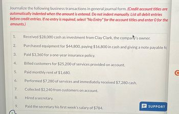 Journalize the following business transactions in general journal form. (Credit account titles are
automatically indented when the amount is entered. Do not indent manually. List all debit entries
before credit entries. If no entry is required, select "No Entry" for the account titles and enter O for the
amounts.)
1.
2.
3.
4.
5.
6.
7.
8.
9.
Received $28,000 cash as investment from Clay Clark, the company's owner.
Purchased equipment for $44,800, paying $16,800 in cash and giving a note payable fo
Paid $3,360 for a one-year insurance policy.
Billed customers for $25,200 of services provided on account.
Paid monthly rent of $1,680.
Performed $7,280 of services and immediately received $7,280 cash.
Collected $2,240 from customers on account.
Hired a secretary.
Paid the secretary his first week's salary of $784.
SUPPORT
C