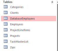 The image displays a section of a database management tool showing a list of tables under the heading "Tables." The following tables are listed:

1. **Categories** - Likely used to organize data into different groups or sections.
2. **Clients** - Probably contains information related to clients, such as names, contact details, and other relevant data.
3. **DatabaseEmployees** - This table is highlighted, suggesting it is currently selected. It may store data about employees who manage or interact with the database.
4. **Employees** - Presumably includes information about employees, which could involve personal details, job roles, and employment dates.
5. **ProjectLineItems** - Likely to include details related to specific elements or tasks within a project.
6. **Projects** - Probably stores overarching information about various projects, such as titles, descriptions, and timelines.
7. **TaskMasterList** - May be used to list and manage tasks across different projects or within an organization.
8. **Zips** - Possibly contains data related to postal codes, which could be used for sorting or organizing geographical information.

This setup is typical in database management systems where tables are used to store and organize structured data for easy retrieval and analysis.