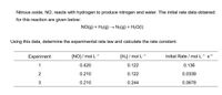 Nitrous oxide, NO, reacts with hydrogen to produce nitrogen and water. The initial rate data obtained
for this reaction are given below:
NO(g) + H2(g) –→ N2(g) + H2O(l)
Using this data, determine the experimental rate law and calculate the rate constant.
Experiment
[NO] / mol L-1
[H2] / mol L-1
Initial Rate / mol L-1 s-1
1
0.420
0.122
0.136
0.210
0.122
0.0339
3
0.210
0.244
0.0678
