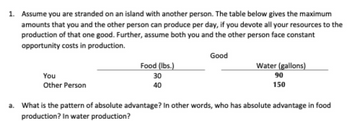 1. Assume you are stranded on an island with another person. The table below gives the maximum
amounts that you and the other person can produce per day, if you devote all your resources to the
production of that one good. Further, assume both you and the other person face constant
opportunity costs in production.
You
Other Person
Food (lbs.)
30
40
Good
Water (gallons)
90
150
a. What is the pattern of absolute advantage? In other words, who has absolute advantage in food
production? In water production?