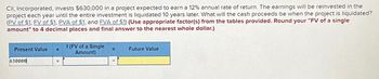 CII, Incorporated, invests $630,000 in a project expected to earn a 12% annual rate of return. The earnings will be reinvested in the
project each year until the entire investment is liquidated 10 years later. What will the cash proceeds be when the project is liquidated?
(PV of $1, FV of $1, PVA of $1, and FVA of $1) (Use appropriate factor(s) from the tables provided. Round your "FV of a single
amount" to 4 decimal places and final answer to the nearest whole dollar.)
Present Value X
630000
f (FV of a Single
Amount)
Future Value