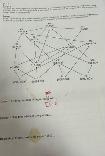 Part II
Scenario
The food web below represents all organisms found in an ecosystem. Organism VI has been exposed to a deadly
pathogen that kills the entire population of that organism. Some scientists are concerned that this will impact the
overall health of the ecosystem.
Prompt
Write a claim stating what impact the disappearance of organism VI will have on the ecosystem. Support your
claim with evidence and scientific reasoning, and be sure to include mathematical representations.
XII
1 kCal
IX
23 kCal
60 kCal
8000 kCal
X
20 kCal
VI.
518 kCal
5000 kCal
XIV
75 kCal
Claim: The disappearance of organism
VII
533 kCal
will ...
II-6
Evidence: The first evidence is organism ...
Reasoning: Tropic levels only receive 10%...
XI
91 kCal
5000 kCal
XV
1.5 kCal
XII
954 kCal
VIII
465 kCal
IV
6500 kCal