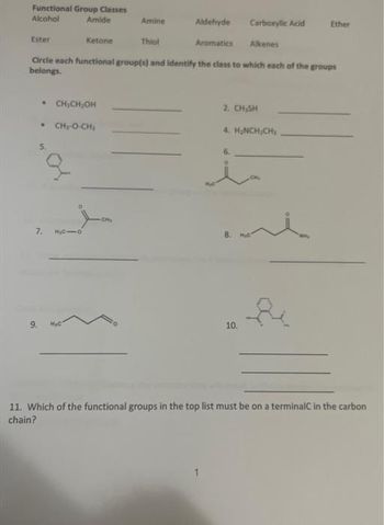 Functional Group Classes
Alcohol
Amide
Ester
• CH₂CH₂OH
* CHIO-CH,
7. H₂C1O
Amine
Ketone
Circle each functional group(s) and identify the class to which each of the groups
belongs.
9. H₂C
Aldehyde
Thiol
Aromatics
Carboxylic Acid
2. CH,SH
6.
Alkenes
4. H₂NCH₂CH₂
10.
Ether
NM₂
11. Which of the functional groups in the top list must be on a terminalC in the carbon
chain?