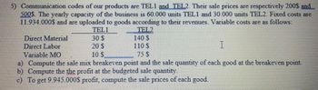 5) Communication codes of our products are TEL1 and TEL2. Their sale prices are respectively 200$ and...
500$. The yearly capacity of the business is 60.000 units TEL1 and 30.000 units TEL2. Fixed costs are
11.934.000$ and are uploaded to goods according to their revenues. Variable costs are as follows:
TEL2
Direct Material
Direct Labor
Variable MO
TEL1
30 $
20 $
10 $
snnnnaa
140 S
110 S
75 $
I
a) Compute the sale mix breakeven point and the sale quantity of each good at the breakeven point.
b) Compute the the profit at the budgeted sale quantity.
c) To get 9.945.000$ profit, compute the sale prices of each good.