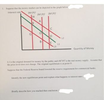 1. Suppose that the money market can be depicted in the graph below
Interest rate
(M/P)²
(M³/P)⁰ (M³/P)¹
G
K
A
O
B
C
O
E
L3
L1
12
Quantity of Money
LI is the original demand for money by the public and (M/P) is the real money supply. Assume that
the price level does not change. The original equilibrium is at point O.
Suppose that the Federal Reserve board lowered the reserve requirement for commercial banks.
Briefly describe how you reached that conclusion. (
Identify the new equilibrium point and explain what happens to interest rates.