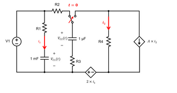 V1
+
R1
į₁
1 mF
R2
Vcz(t)
+
Vc1(t)
I
t = 0
www
1 μF
R3
+
2 x 1₁
iz
R4
Axi₂