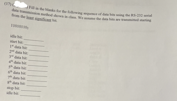 (17) (
Fill in the blanks for the following sequence of data bits using the RS-232 serial
data transmission method shown in class. We assume the data bits are transmitted starting
from the least significant bit.
110101102
idle bit:
start bit:
1st data bit:
2nd data bit:
3rd data bit:
4th data bit:
5th data bit:
6th data bit:
7th data bit:
8th data bit:
stop bit:
idle bit: