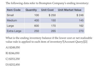 The following data refer to Brompton Company's ending inventory:
Item Code
Quantity
Unit Cost
Unit Market Value
Small
100
$ 250
$246
Medium
400
150
145
Large
600
170
162
Extra-Large
250
265
270
What is the ending inventory balance if the lower cost or net realizable
value rule is applied to each item of inventory? [Account Query][2]
A) $248,050
B) $246,050
C) $253,250
D) $252,850