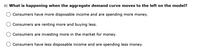 42. What is happening when the aggregate demand curve moves to the left on the model?
Consumers have more disposable income and are spending more money.
Consumers are renting more and buying less.
Consumers are investing more in the market for money.
Consumers have less disposable income and are spending less money.
