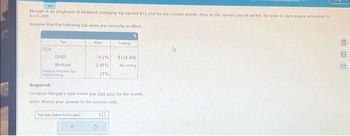Morgan is an employee of Redwind Company. He earned $12,350 for the current month. Prior to the current payroll period, his year-to-date wages amounted to
$131,200.
Assume that the following tax rates are currently in effect.
7
EICA
Tax
DASDI
Medicare
Federal Income Tax
Withholding
Net pay (take-home pay)
6,2%
1.45%
25%
x
Celing
Required:
Compute Morgan's take-home pay (net pay) for the month.
Note: Round your answer to the nearest cent
$0
$128,400
No celing
