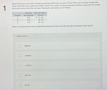 1
Robert placed an order with his broker to purchase 500 shares of each of three IPOs that are being released this
month. Each IPO has an offer price of $21 a share. The number of shares allocated to Robert, along with the closing
stock price at the end of the first day of trading for each stock, are as follows:
Stock
A
B
с
Shares End of Day 1
Allocated
220
450
175
What is his total profit or loss on these three stocks as of the end of the first day of trading for each stock?
Multiple Choice
$639.50
-$369.50
-1,350.00
$572.00
Price
$ 23.60
18.00
29.10
$1,370