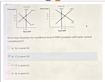 Price level
333
P₂
P
Panel(a)
X
LRAS
Y₁ Yp
Real GDP
SRAS
Ob) Y1 in panel (b)
Oc) Y1 in panel (a)
d) Yp in panel (a)
AD
Panel()
Price level
LRAS
P₂
P₂
™X
P₁
Yo Y₁
Real GDP
SRAS
Which best illustrates the equilibrium level of GDP consistent with some cyclical
unemployment?
a) Yp in panel (b)
AD