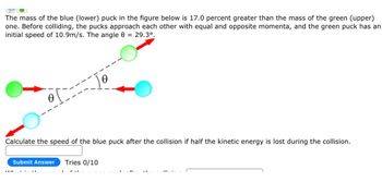 The mass of the blue (lower) puck in the figure below is 17.0 percent greater than the mass of the green (upper)
one. Before colliding, the pucks approach each other with equal and opposite momenta, and the green puck has an
initial speed of 10.9m/s. The angle 8 29.3⁰.
=
0
Calculate the speed of the blue puck after the collision if half the kinetic energy is lost during the collision.
Submit Answer Tries 0/10
SATILI
0