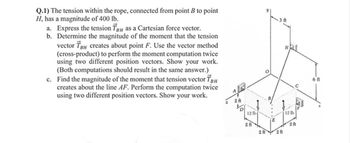 Q.1) The tension within the rope, connected from point B to point
H, has a magnitude of 400 lb.
a. Express the tension TBH as a Cartesian force vector.
b. Determine the magnitude of the moment that the tension
vector TBH creates about point F. Use the vector method
(cross-product) to perform the moment computation twice
using two different position vectors. Show your work.
(Both computations should result in the same answer.)
c. Find the magnitude of the moment that tension vector TBH
creates about the line AF. Perform the computation twice
using two different position vectors. Show your work.
2 ft
%D
12 lb
2 ft
O
E
2 ft 2 ft
12 lb
C
2 ft
6 ft