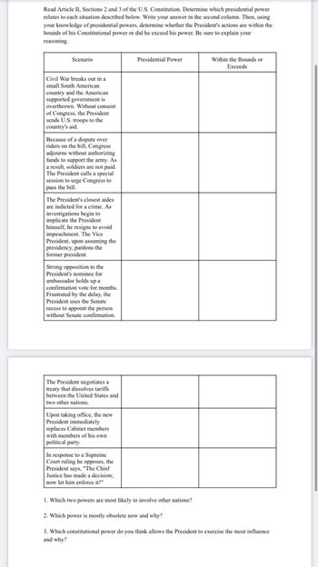 article 2 the presidency assignment quizlet