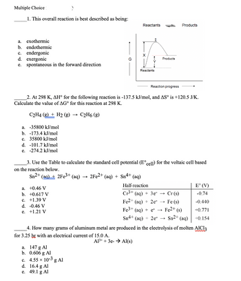 Multiple Choice
1. This overall reaction is best described as being:
a. exothermic
b. endothermic
c. endergonic
d. exergonic
e. spontaneous in the forward direction
a. -35800 kJ/mol
b. 173.4 kJ/mol
c. 35800 kJ/mol
d. 101.7 kJ/mol
e. -274.2 kJ/mol
a. +0.46 V
b. +0.617 V
c. +1.39 V
d. -0.46 V
e.
+1.21 V
G
a. 147 g Al
b. 0.606 g Al
c. 4.55 × 10-3 g Al
Reactants
2. At 298 K, AH° for the following reaction is -137.5 kJ/mol, and AS° is +120.5 J/K.
Calculate the value of AG° for this reaction at 298 K.
C2H4 (g) + H2 (g) C2H6 (g)
d. 16.4 g Al
e. 49.1 g Al
X
Reactants
2Fe2+ (aq) + Sn4+ (aq)
Products
3. Use the Table to calculate the standard cell potential (Eºcell) for the voltaic cell based
on the reaction below.
Sn2+
(aq) + 2Fe3+, (aq)
Reaction progress
Products
Half-reaction
Cr³+ (aq) + 3e-
Fe2+ (aq) + 2e-
Fe3+ (aq) + e- →
Sn4+
(aq) + 2e- →
→
Cr (s)
Fe (s)
Fe2+ (s)
Sn²+ (aq)
4. How many grams of aluminum metal are produced in the electrolysis of molten AIC13
for 3.25 br with an electrical current of 15.0 A.
Al³+ + 3e- Al(s)
E° (V)
-0,74
-0.440
+0.771
+0.154