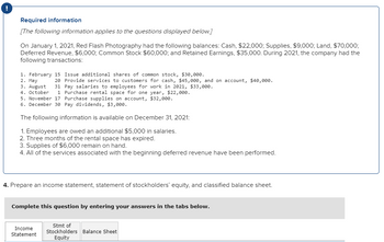 Required information
[The following information applies to the questions displayed below.]
On January 1, 2021, Red Flash Photography had the following balances: Cash, $22,000; Supplies, $9,000; Land, $70,000;
Deferred Revenue, $6,000; Common Stock $60,000; and Retained Earnings, $35,000. During 2021, the company had the
following transactions:
1. February 15 Issue additional shares of common stock, $30,000.
2. May
20 Provide services to customers for cash, $45,000, and on account, $40,000.
3. August 31 Pay salaries to employees for work in 2021, $33,000.
4. October
1 Purchase rental space for one year, $22,000.
5. November 17 Purchase supplies on account, $32,000.
6. December 30 Pay dividends, $3,000.
The following information is available on December 31, 2021:
1. Employees are owed an additional $5,000 in salaries.
2. Three months of the rental space has expired.
3. Supplies of $6,000 remain on hand.
4. All of the services associated with the beginning deferred revenue have been performed.
4. Prepare an income statement, statement of stockholders' equity, and classified balance sheet.
Complete this question by entering your answers in the tabs below.
Income
Statement
Stmt of
Stockholders Balance Sheet
Equity