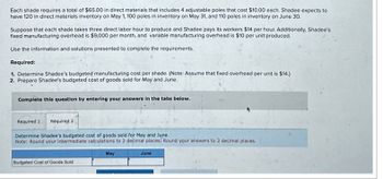 Each shade requires a total of $65.00 in direct materials that includes 4 adjustable poles that cost $10.00 each. Shadee expects to
have 120 in direct materials inventory on May 1, 100 poles in inventory on May 31, and 110 poles in inventory on June 30.
Suppose that each shade takes three direct labor hour to produce and Shadee pays its workers $14 per hour. Additionally, Shadee's
fixed manufacturing overhead is $9,000 per month, and variable manufacturing overhead is $10 per unit produced.
Use the information and solutions presented to complete the requirements.
Required:
1. Determine Shadee's budgeted manufacturing cost per shade. (Note: Assume that fixed overhead per unit is $14.)
2. Prepare Shadee's budgeted cost of goods sold for May and June.
Complete this question by entering your answers in the tabs below.
Required 1 Required 2
Determine Shadee's budgeted cost of goods sold for May and June.
Note: Round your intermediate calculations to 2 decimal places! Round your answers to 2 decimal places.
Budgeted Cost of Goods Sold
May
June