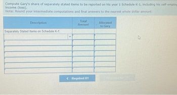 Compute Gary's share of separately stated items to be reported on his year 1 Schedule K-1, including his self-employ
income (loss).
Note: Round your intermediate computations and final answers to the nearest whole dollar amount.
Description
Separately Stated Items on Schedule K-1:
Total
Amount
Required A1
Allocated
to Gary
4