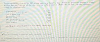 The partnership agreement of the G&P general partnership states that Gary will receive a guaranteed payment of $13,600,
and that Gary and Prudence will share the remaining profits or losses in a 45/55 ratio. For year 1, the G&P partnership
reports the following results:
Sales revenue
Gain on sale of land (51231)
Cost of goods sold
Depreciation-MACRS
$ 82,000
6,400
(37,500)
(13,800)
(17,900)
Employee wages
(4,200)
Cash charitable contributions
Municipal bond interest
Other expenses
4,050
(5.000)
Note: Negative amounts should be indicated by a minus sign.
Required:
a-1. How much ordinary income (loss) is allocated to Gary for the year?
a-2. Compute Gary's share of separately stated items to be reported on his year 1 Schedule K-1, including his self-employment income
(loss).