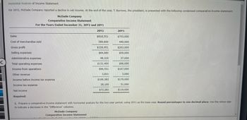 Horizontal Analysis of Income Statement
For 20Y2, McDade Company reported a decline in net income. At the end of the year, T. Burrows, the president, is presented with the following condensed comparative income statement:
McDade Company
Comparative Income Statement
For the Years Ended December 31, 20Y2 and 20Y1
20Y2
Sales
Cost of merchandise sold
Gross profit
Selling expenses
Administrative expenses
Total operating expenses
Income from operations
Other revenue
Income before income tax expense
Income tax expense
Net income
Required:
McDade Company
Comparative Income Statement
. nov
$818,551
589,600
$228,951
$84,080
48,320
$132,400
$96,551
3,831
Ennu
$100,382
28,100
$72,282
20Y1
1. Prepare a comparative income statement with horizontal analysis for the two-year period, using 20Y1 as the base year. Round percentages to one decimal place. Use the minus sign
to indicate a decrease in the "Difference" columns.
$703,000
440,000
$263,000
$59,000
37,000
$96,000
$167,000
3,000
$170,000
51,000
$119,000