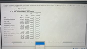 -
1. Prepare a comparative income statement with horizontal analysis for the two-year period, using 20Y1 as the base year. Round percentages to one decimal place. Use the minus sign
to indicate a decrease in the "Difference" columns.
McDade Company
Comparative Income Statement
For the Years Ended December 31, 20Y2 and 20Y1
Sales
Cost of merchandise sold
Gross profit
Selling expenses
Net income
Administrative expenses
Total operating expenses
Income from operations
Other revenue
Income before income tax expense $100,382 $170,000
Income tax expense
28,100 51,000
$72,282 $119,000
2. Net income has
Difference
Amount
7
20Y2 20Y1
$818,551 $703,000
589,600 440,000
$228,951 $263,000 $
$84,080 $59,000
48,320 37,000
$132,400 $96,000 $
$96,551 $167,000
3,831
3,000
from 20Y1 to 20Y2. Sales have
Difference
Percent
-
%
%
%
%
%
%
%
1%
%
%
1%
increased
decreased
however, the cost of merchandise sold has
causing the gross profit to
Previous
Next