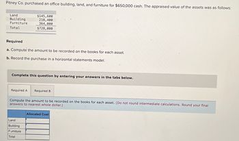 Pitney Co. purchased an office building, land, and furniture for $650,000 cash. The appraised value of the assets was as follows:
Land
Building
Furniture
Total
$145,600
218,400
364,000
$728,000
Required
a. Compute the amount to be recorded on the books for each asset.
b. Record the purchase in a horizontal statements model.
Complete this question by entering your answers in the tabs below.
Required A Required B
Compute the amount to be recorded on the books for each asset. (Do not round intermediate calculations. Round your final
answers to nearest whole dollar.)
Land
Building
Furniture
Total
Allocated Cost