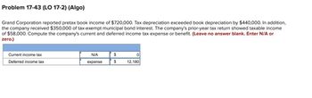 Problem 17-43 (LO 17-2) (Algo)
Grand Corporation reported pretax book income of $720,000. Tax depreciation exceeded book depreciation by $440,000. In addition,
the company received $350,000 of tax-exempt municipal bond interest. The company's prior-year tax return showed taxable income
of $58,000. Compute the company's current and deferred income tax expense or benefit. (Leave no answer blank. Enter N/A or
zero.)
Current income tax
Deferred income tax
N/A
expense
$
$
0
12,180